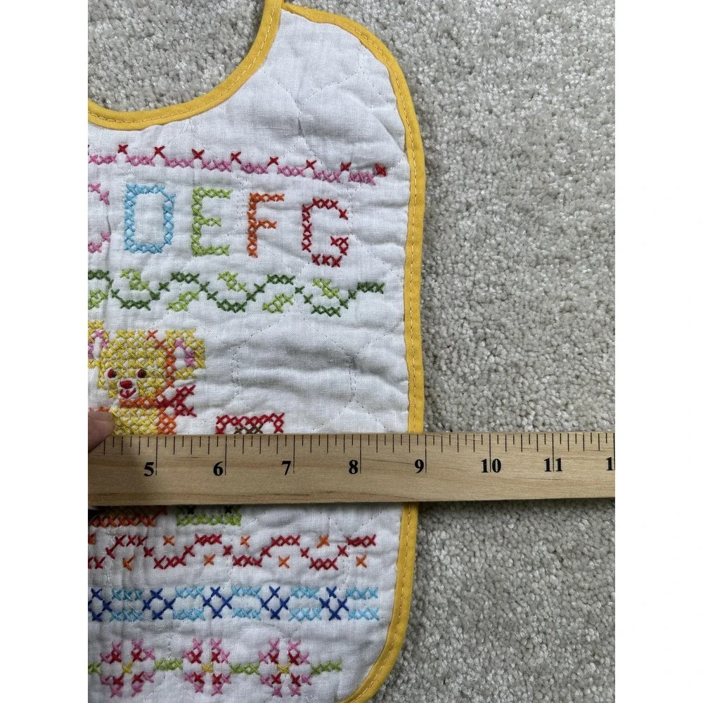 Vintage Hand Embroidered Baby Bib Alphabet Bear Blocks Yellow Trim Nursery Decor